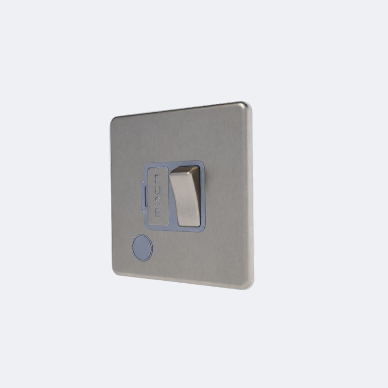 single screwless 13A switched spur + fo in brushed steel with grey inserts