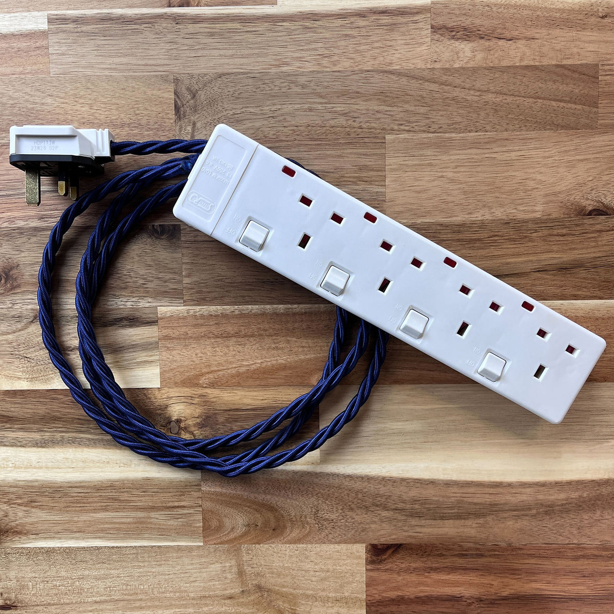 Blue / Purple Braided Fabric Decorative Extension Lead - White 4 Gang Switched Trailing Socket