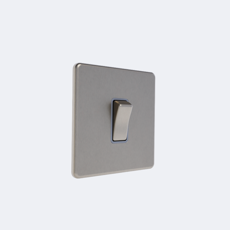 single screwless light switch in brushed steel with grey inserts