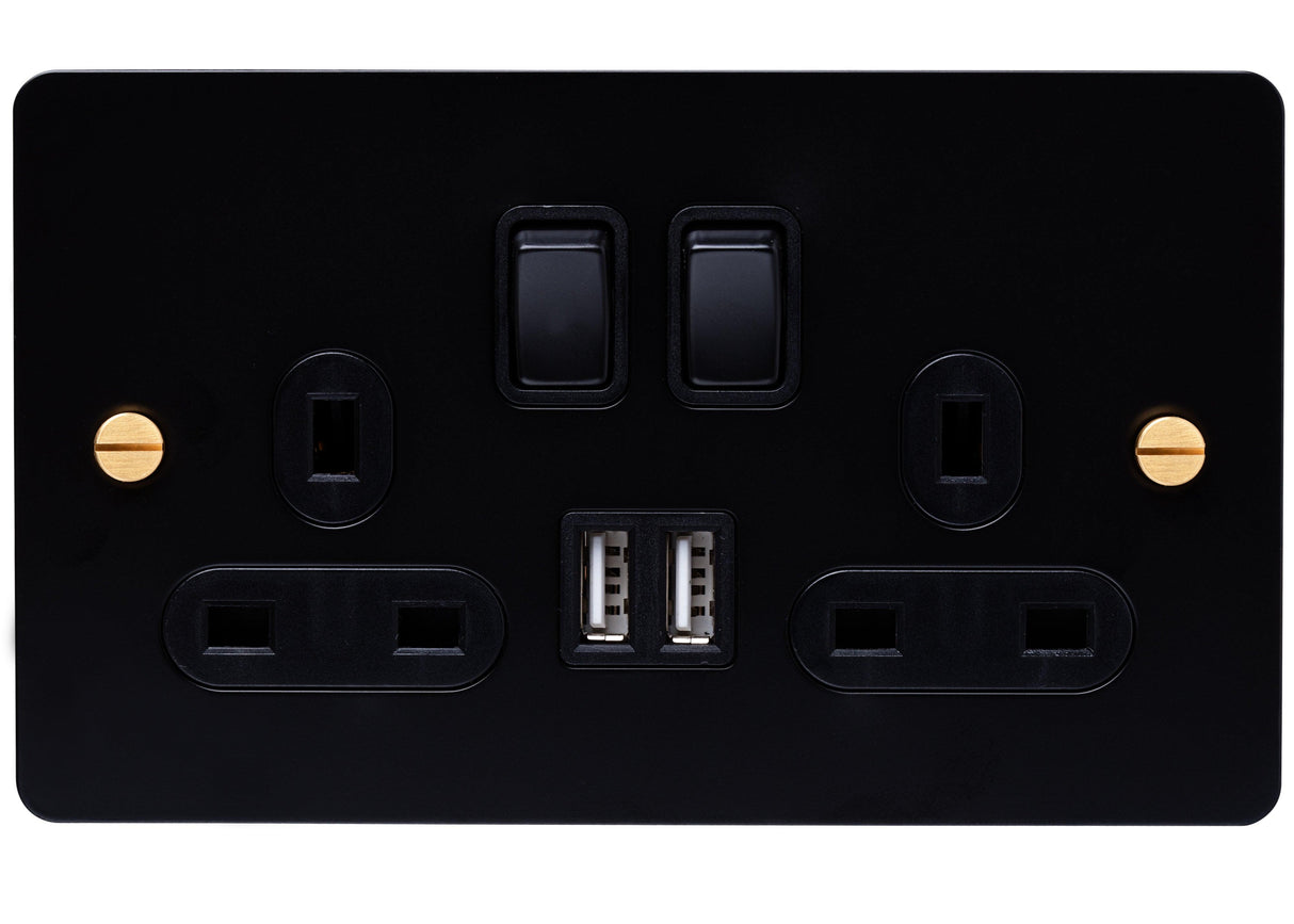 2G Matt Black Socket with Dual USB Ports and Brass Screws - Caradok