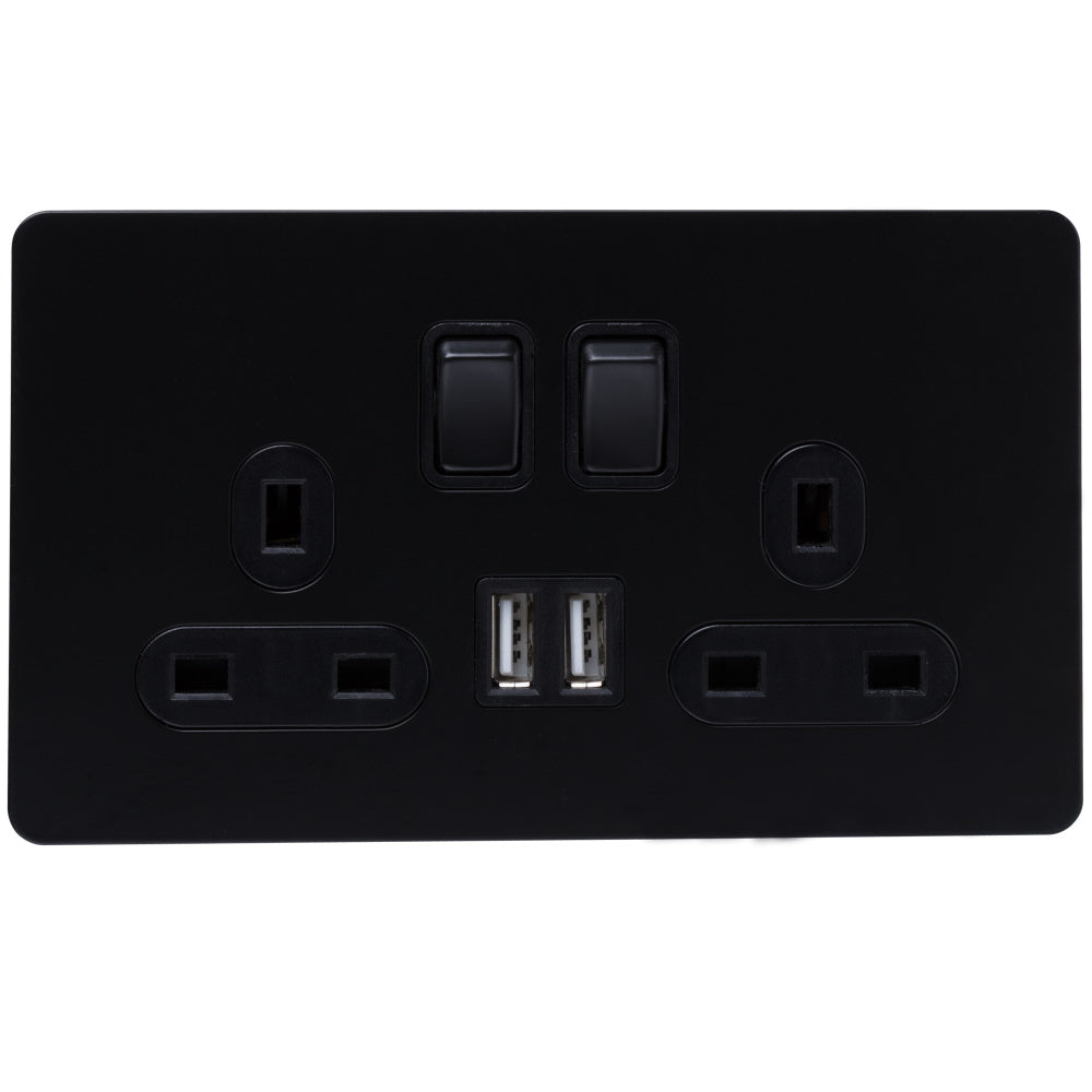 2g Matt Black Socket With USB Outlets- The Screwless - Caradok