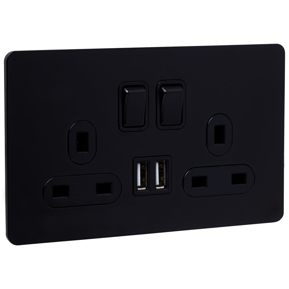 2g Matt Black Socket With USB Outlets- The Screwless - Caradok
