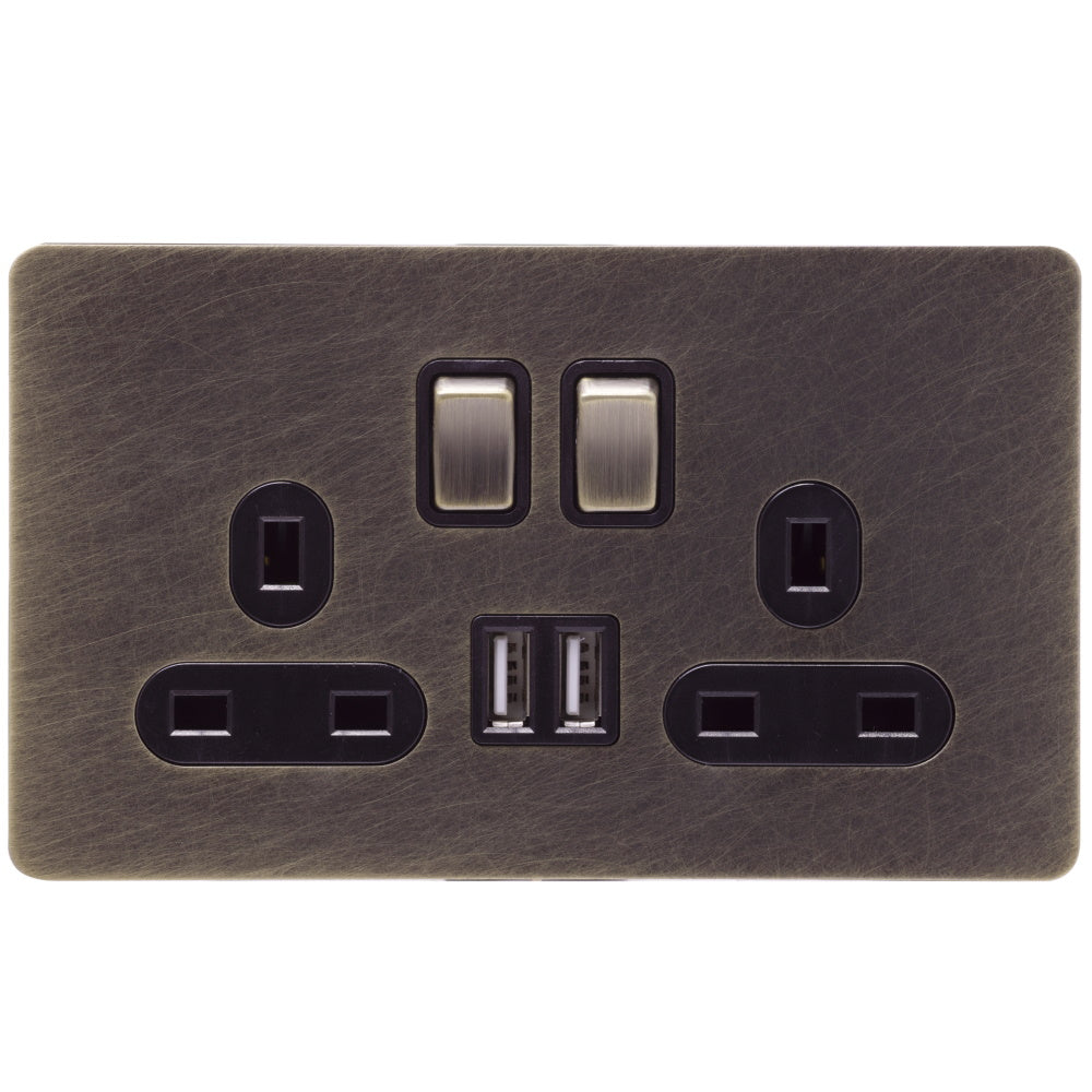 Screwless Antique Brass Socket - 2 Gang with Dual USB Charging Ports - The Georgian - Caradok