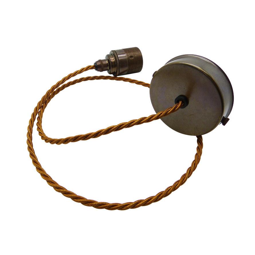 Lantic Single Ceiling Pendant - Antique Brass with Gold Twisted flex - Caradok