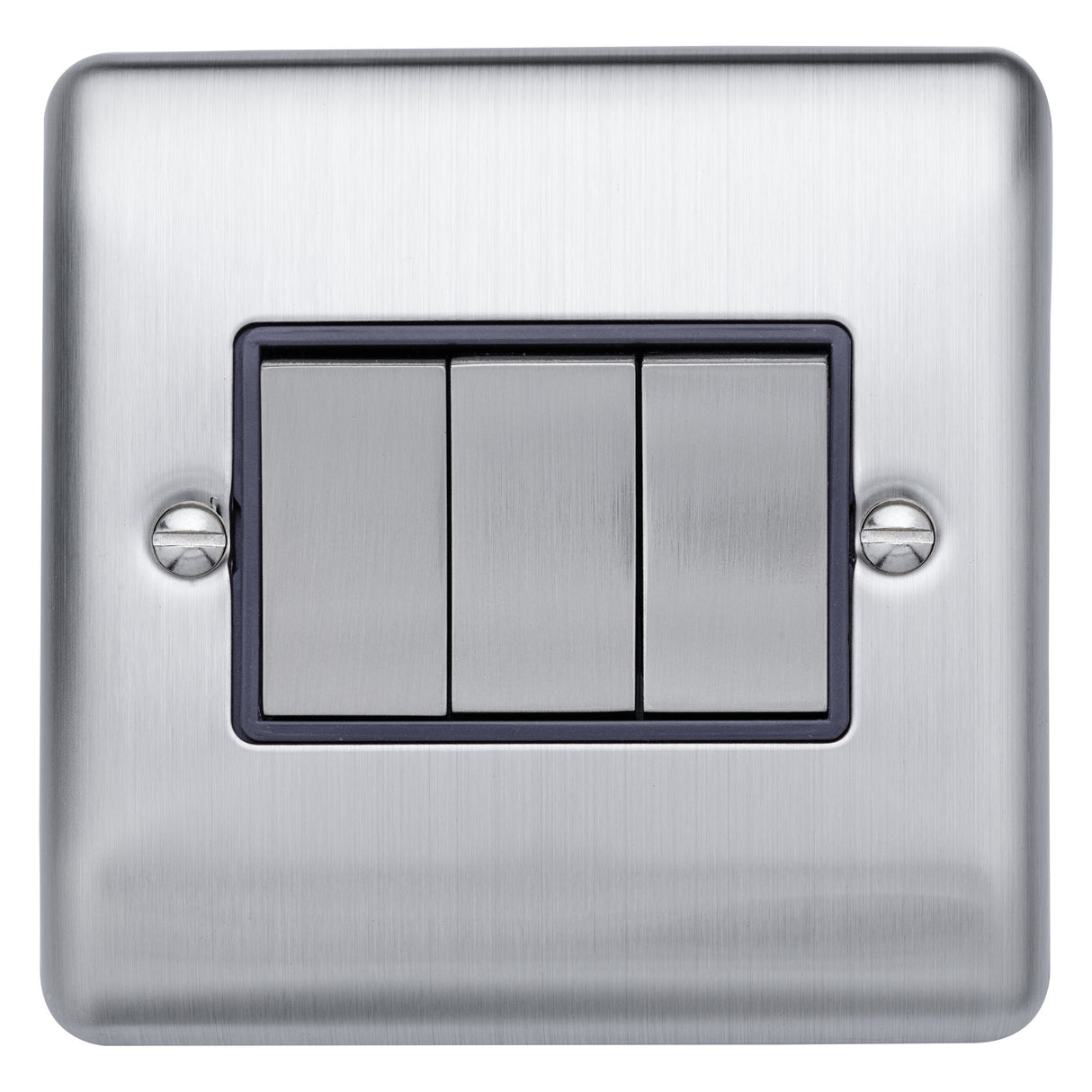 Caradok 3 gang 2 way plate switch Brushed Chrome, Metal Switch, Grey Insert - Caradok