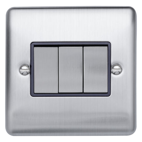Caradok 3 gang 2 way plate switch Brushed Chrome, Metal Switch, Grey Insert - Caradok