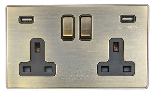 Caradok Screwless Vintage Brass 2 Gang 2.1A USB 13A Switched Plug Socket