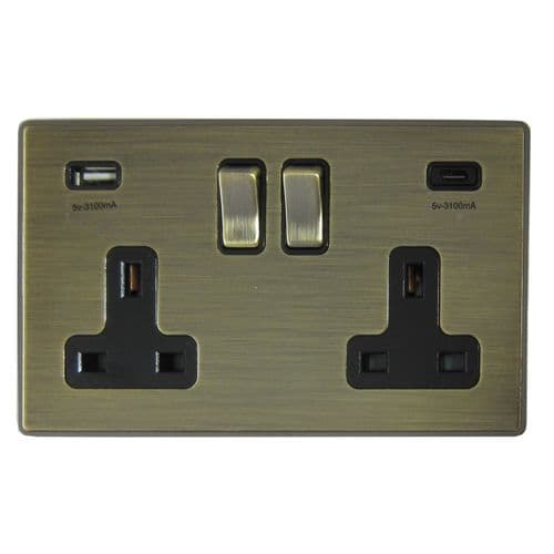 Caradok Screwless Vintage Brass 2 Gang 3.1A USB A + C Double 13A Plug Socket