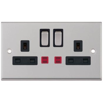 Selectric 7M-Pro Satin Chrome 2 Gang 13A DP Switched Socket with Neon and Black Insert