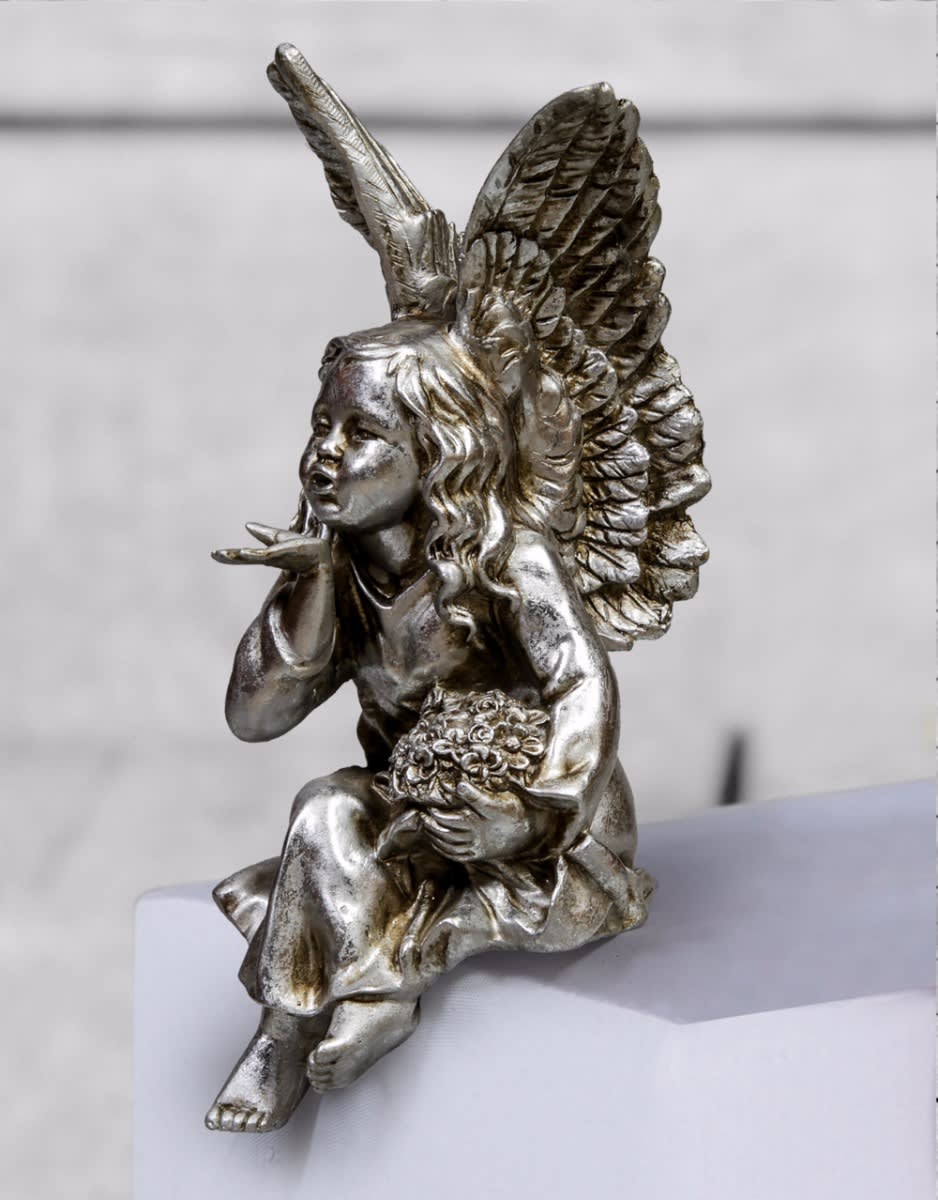 Antique Silver Sitting Angel Figure - BD58