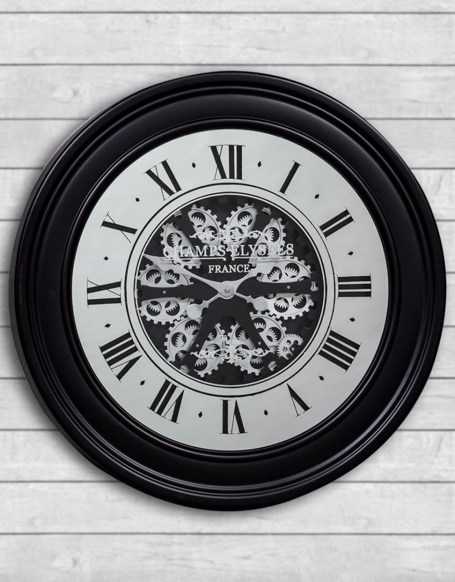 Black Mirrored Face Antique Style Moving Gears Clock - ET294