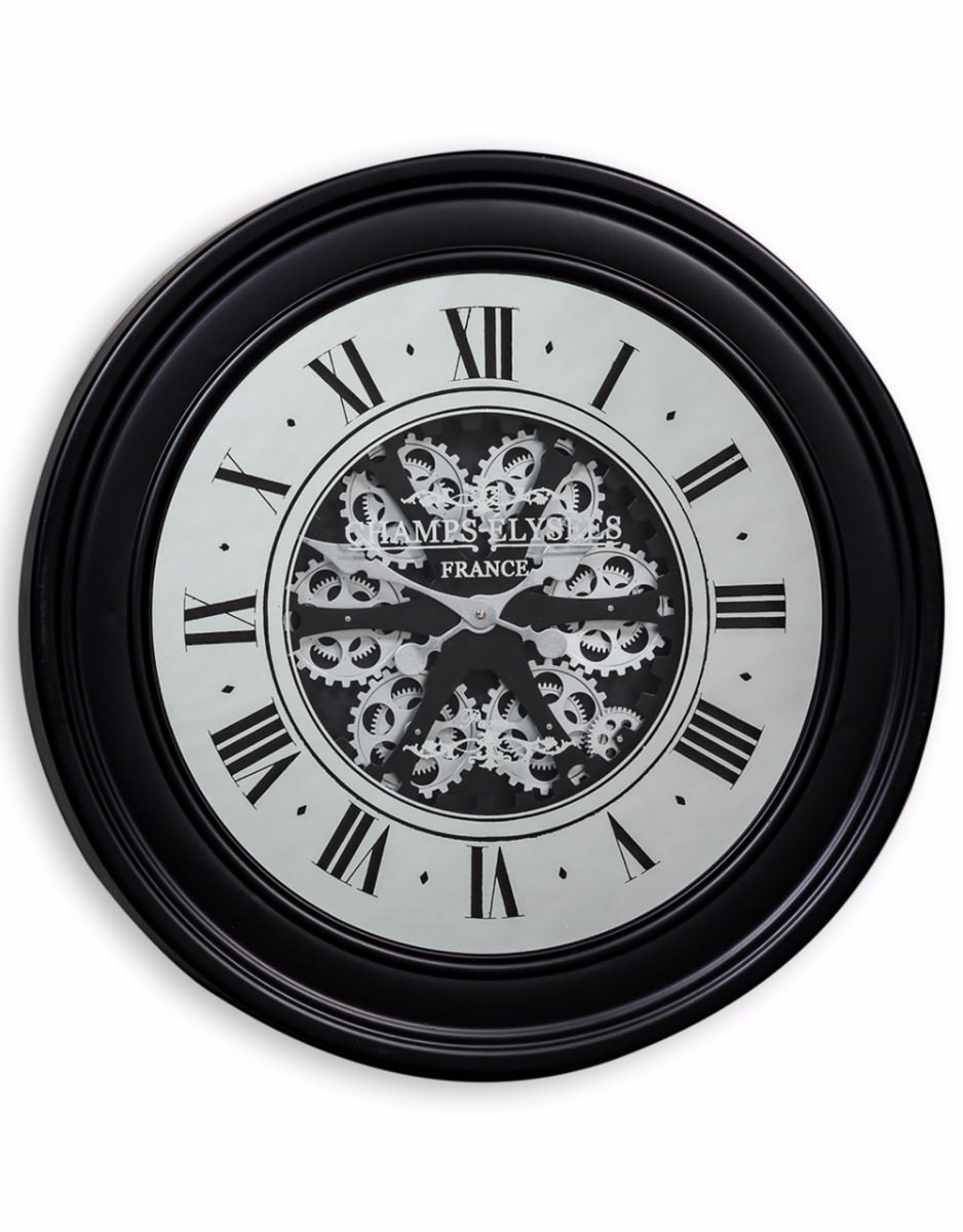 Black Mirrored Face Antique Style Moving Gears Clock - ET294