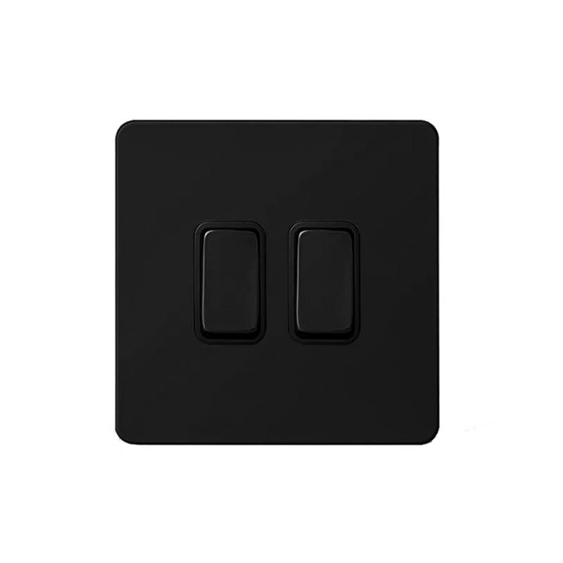 Caradok Matt Black Metal Screwless 2 Gang Light Switch - Black Inserts