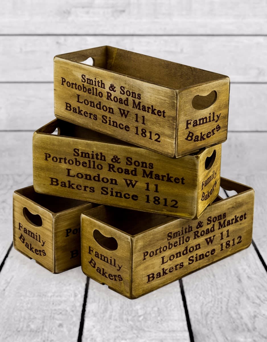 Set of 4 Antiqued "Portobello Road Market" Wooden Boxes - FC26