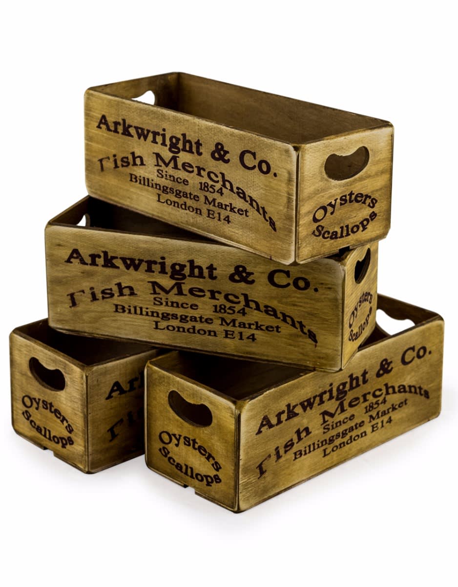 Set of 4 Antiqued "Billingsgate Market" Wooden Boxes - FC28