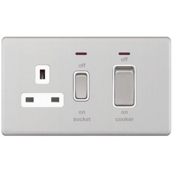 Selectric 5M-Plus Satin Chrome 45A DP Switch and 13A Switched Socket with Neon and White Insert