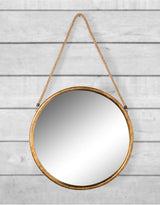 Large Round Gold Metal Mirror on Hanging Rope with Hook - JRG11