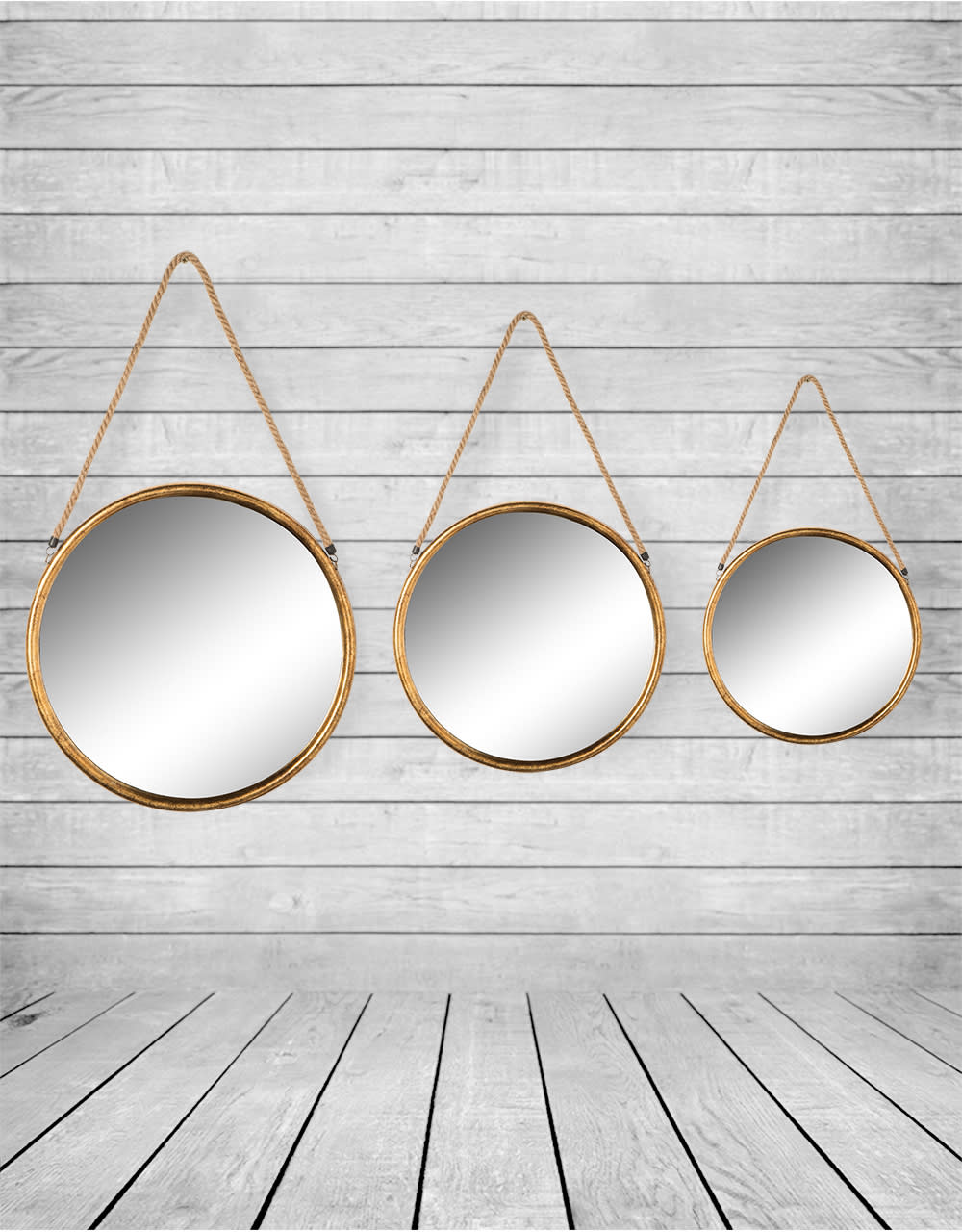 Large Round Gold Metal Mirror on Hanging Rope with Hook - JRG11