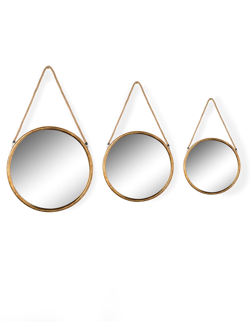 Medium Round Gold Metal Mirror on Hanging Rope with Hook - JRG12