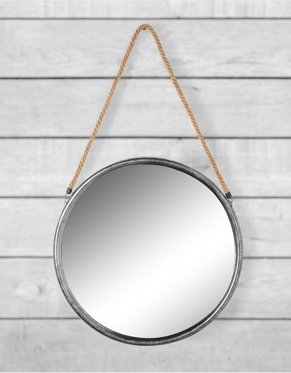 Large Round Silver/Champagne Metal Mirror on Hanging Rope with Hook - JRG14