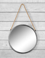 Large Round Silver/Champagne Metal Mirror on Hanging Rope with Hook - JRG14
