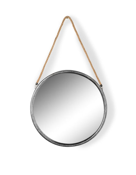 Medium Round Silver/Champagne Metal Mirror on Hanging Rope with Hook - JRG15
