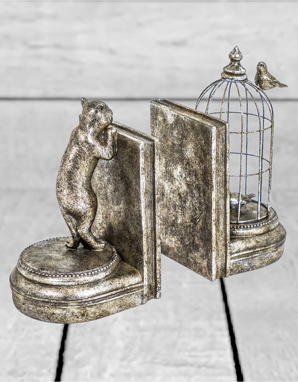Antique Silver Curious Cat Pair of Bookends - TL96