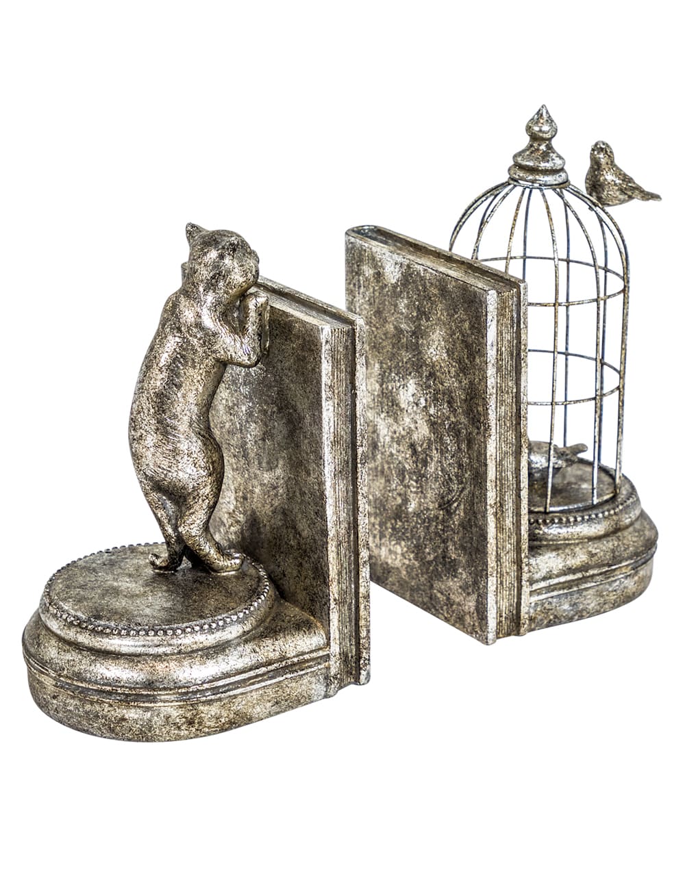Antique Silver Curious Cat Pair of Bookends - TL96