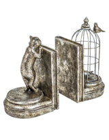 Antique Silver Curious Cat Pair of Bookends - TL96