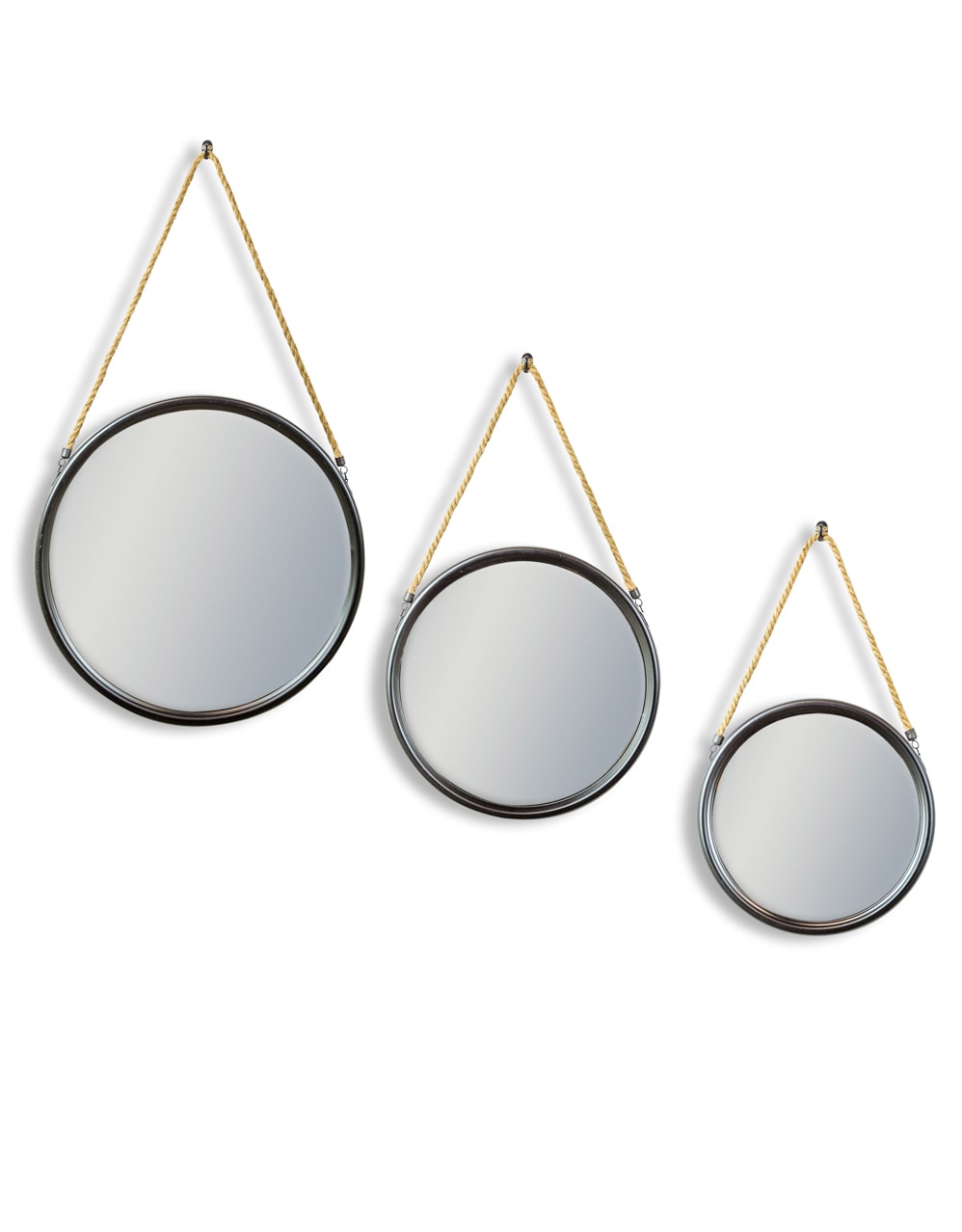Large Round Black Metal Mirror on Hanging Rope with Hook - JRG17