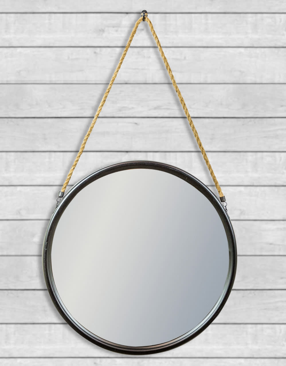 Large Round Black Metal Mirror on Hanging Rope with Hook - JRG17