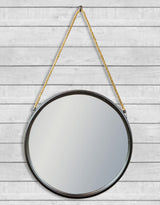 Large Round Black Metal Mirror on Hanging Rope with Hook - JRG17