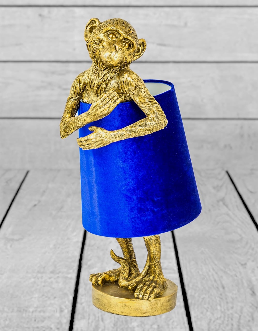 Antique Gold Bashful Monkey Table Lamp with Blue Velvet Shade - TL98