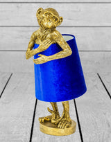 Antique Gold Bashful Monkey Table Lamp with Blue Velvet Shade - TL98