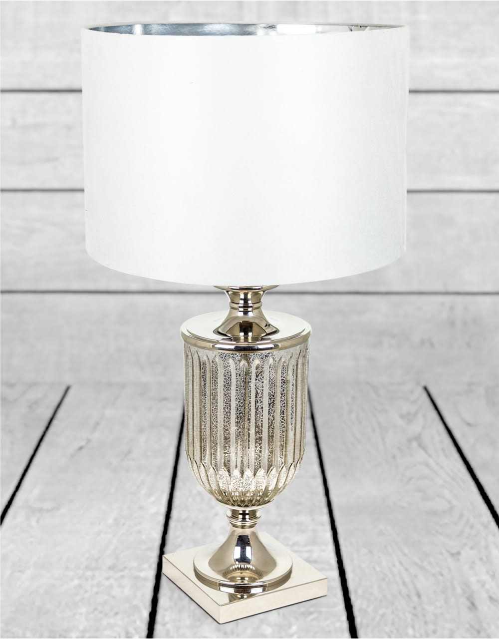 Antiqued Glass Urn Lamp with Silver Velvet Cylinder Shade - TL50