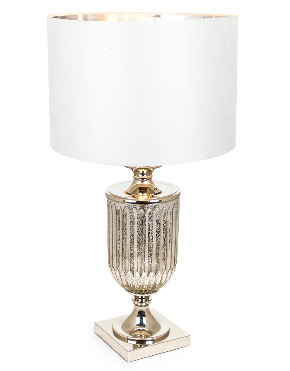 Antiqued Glass Urn Lamp with Silver Velvet Cylinder Shade - TL50