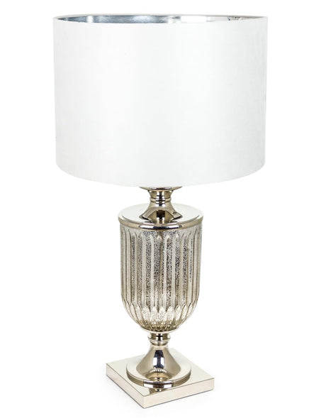 Antiqued Glass Urn Lamp with Silver Velvet Cylinder Shade - TL50