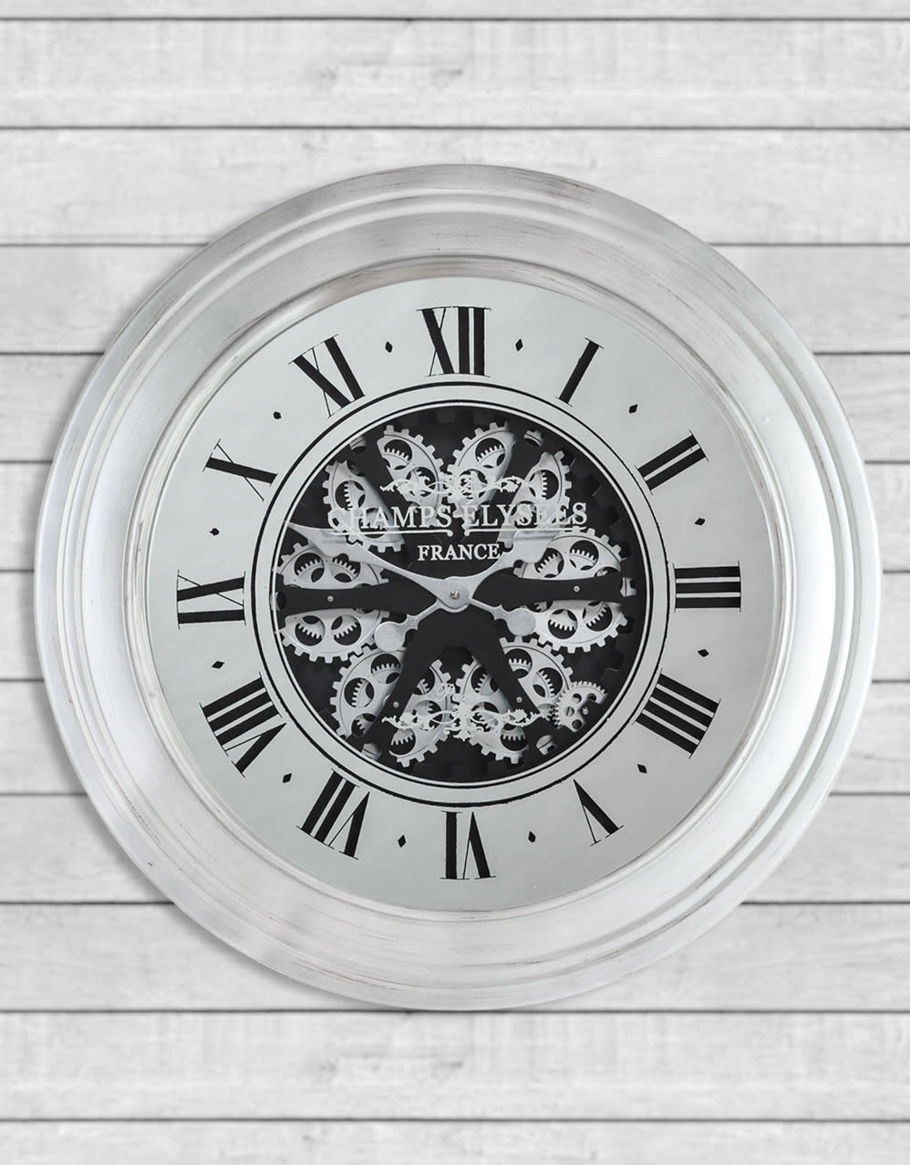 Silver Mirrored Face Antique Style Moving Gears Clock - ET312