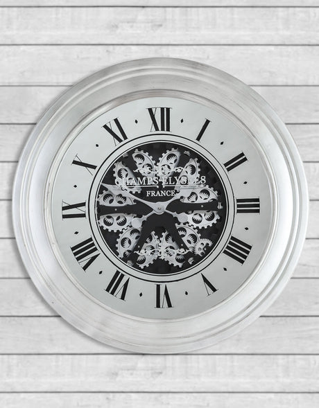 Silver Mirrored Face Antique Style Moving Gears Clock - ET312