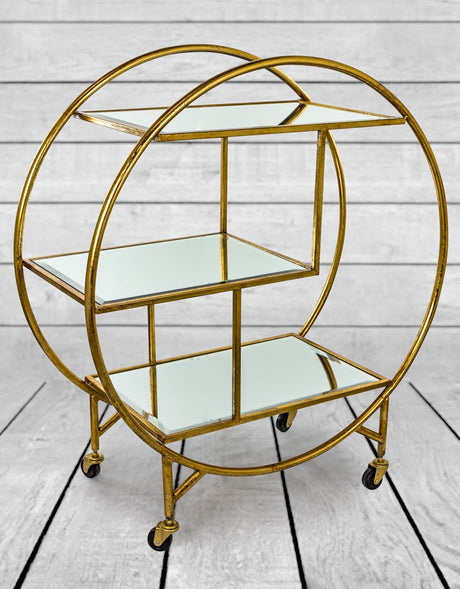 Antiqued Gold/Bronze Round Metal Bar Trolley with Mirror Shelves - JRG22