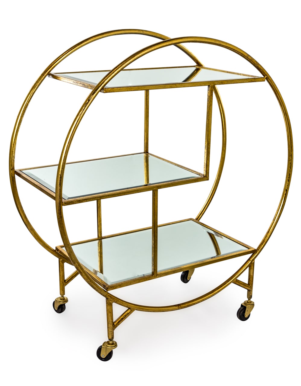 Antiqued Gold/Bronze Round Metal Bar Trolley with Mirror Shelves - JRG22