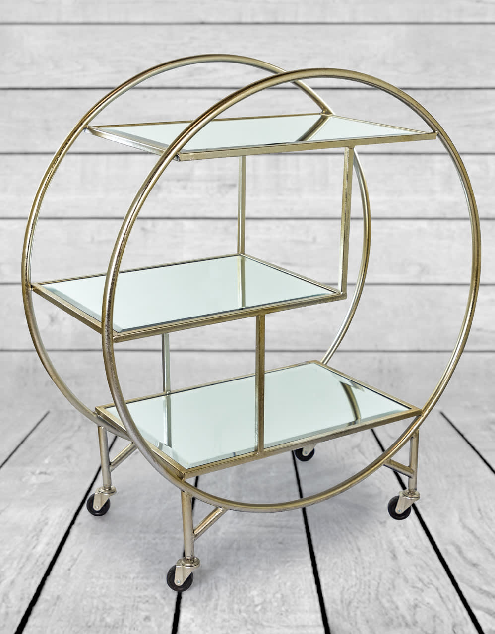 Antiqued Silver/Champagne Round Metal Bar Trolley with Mirror Shelves - JRG23