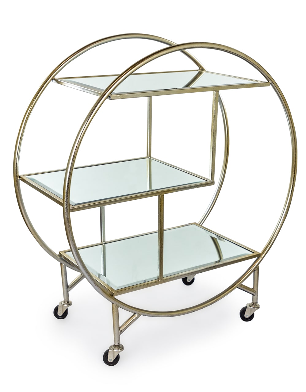 Antiqued Silver/Champagne Round Metal Bar Trolley with Mirror Shelves - JRG23