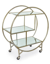 Antiqued Silver/Champagne Round Metal Bar Trolley with Mirror Shelves - JRG23
