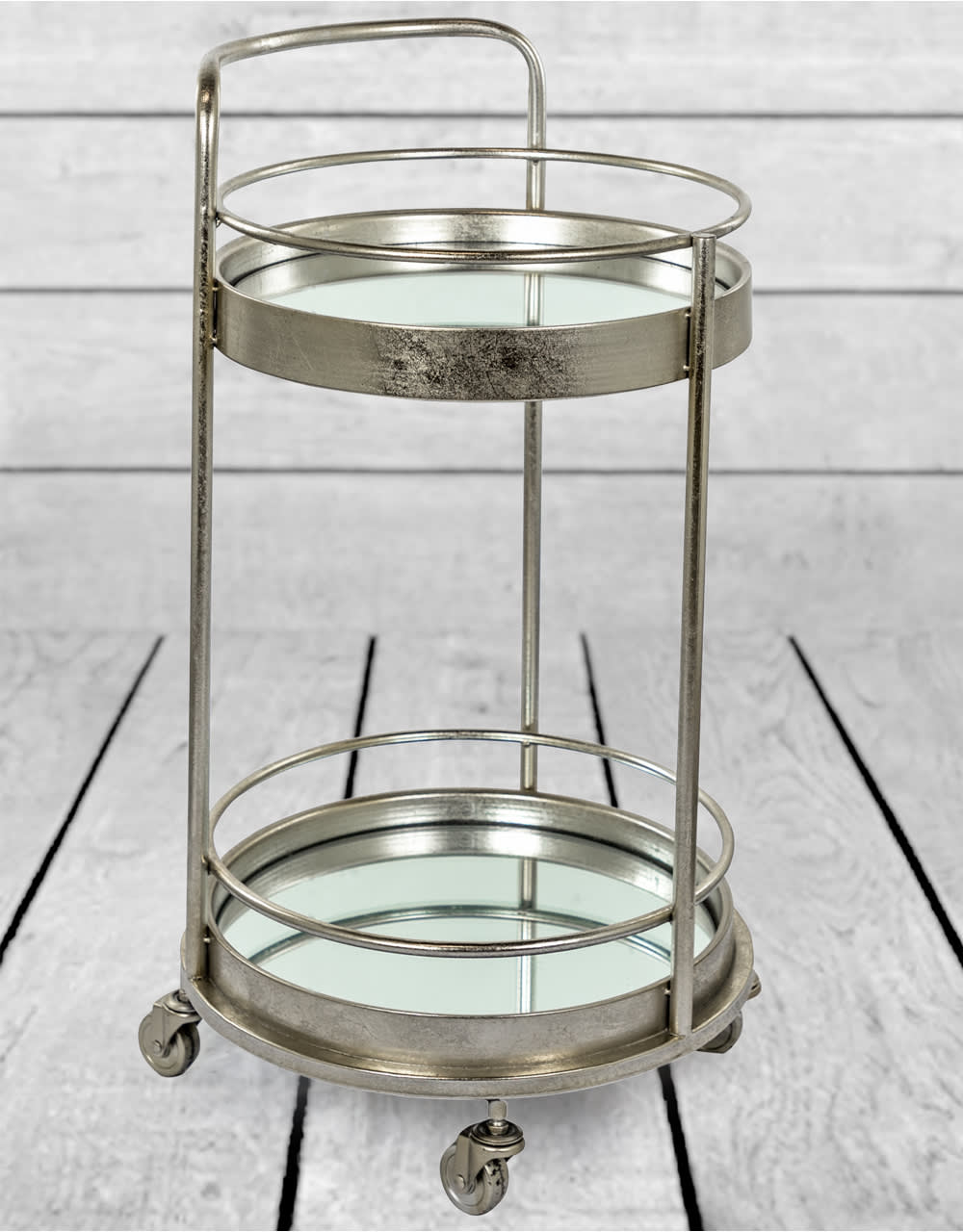 Antique Silver/Champagne Leaf Metal Small Round Bar Trolley with Mirror Shelves - JRG29