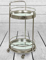 Antique Silver/Champagne Leaf Metal Small Round Bar Trolley with Mirror Shelves - JRG29