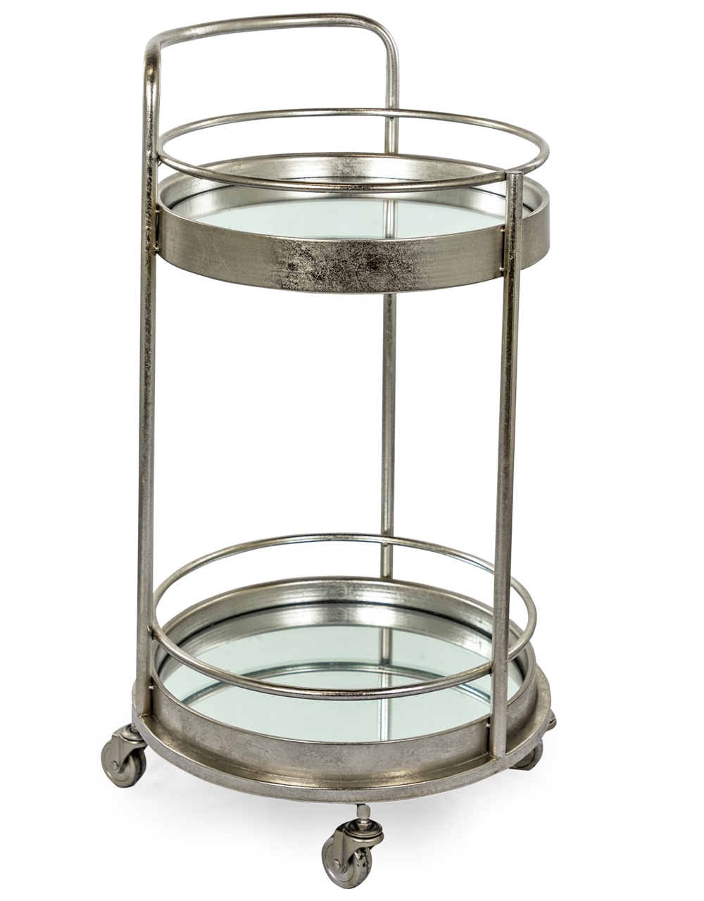 Antique Silver/Champagne Leaf Metal Small Round Bar Trolley with Mirror Shelves - JRG29