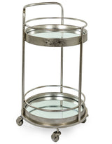 Antique Silver/Champagne Leaf Metal Small Round Bar Trolley with Mirror Shelves - JRG29