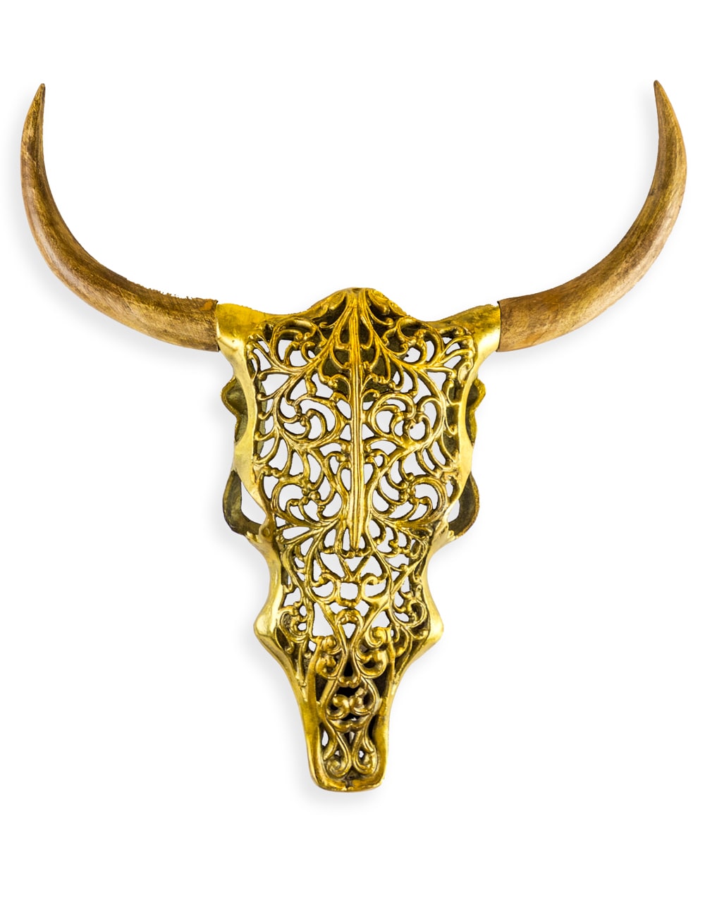 Antique Gold and Wood Tribal Bison Wall Head - AL140