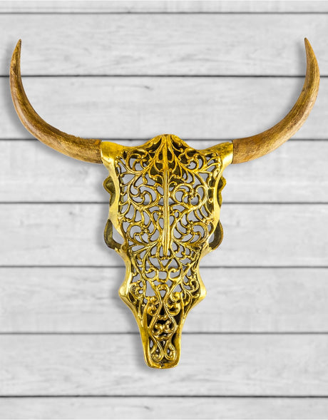 Antique Gold and Wood Tribal Bison Wall Head - AL140
